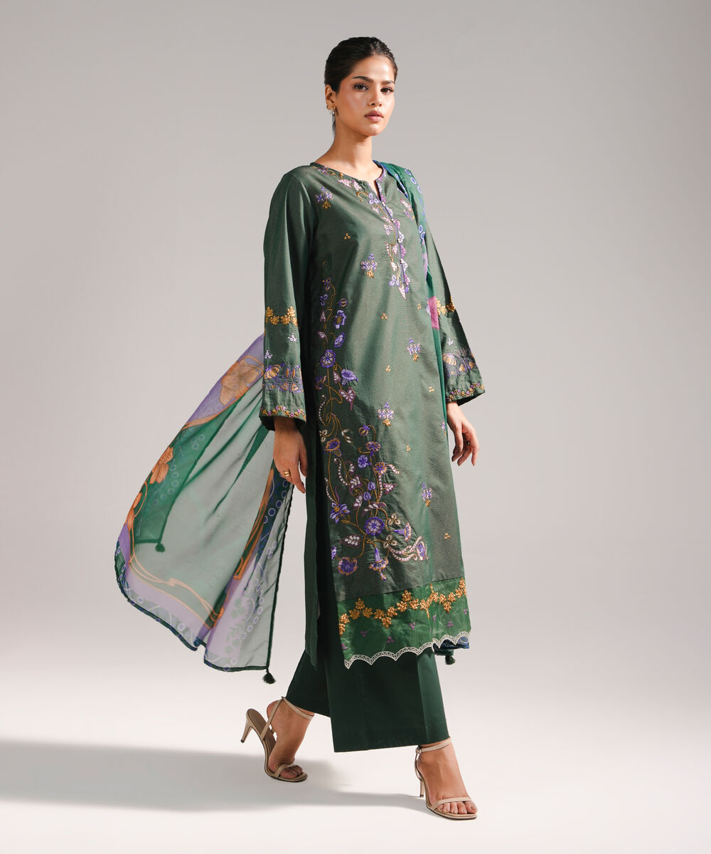Women's RTW Zari Lawn Embroidered Dark Green 3 Piece Suit