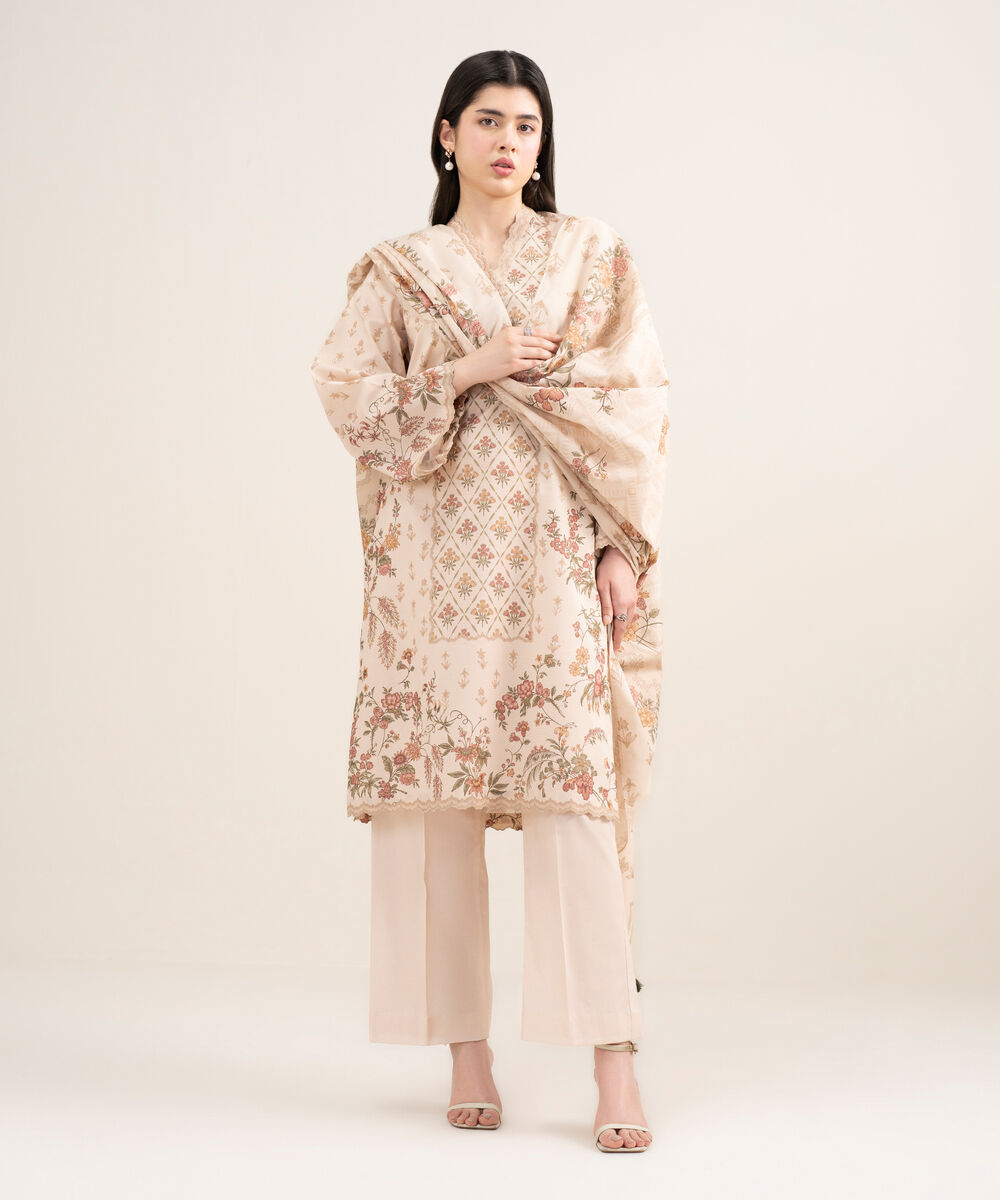 Women's Unstitched Zari Lawn Printed Pink 3 Piece Suit