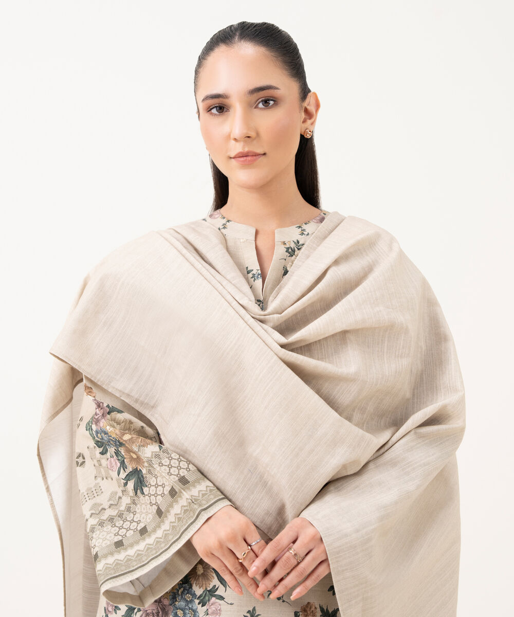 Women's Unstitched Cotton Printed Beige 3 Piece Suit