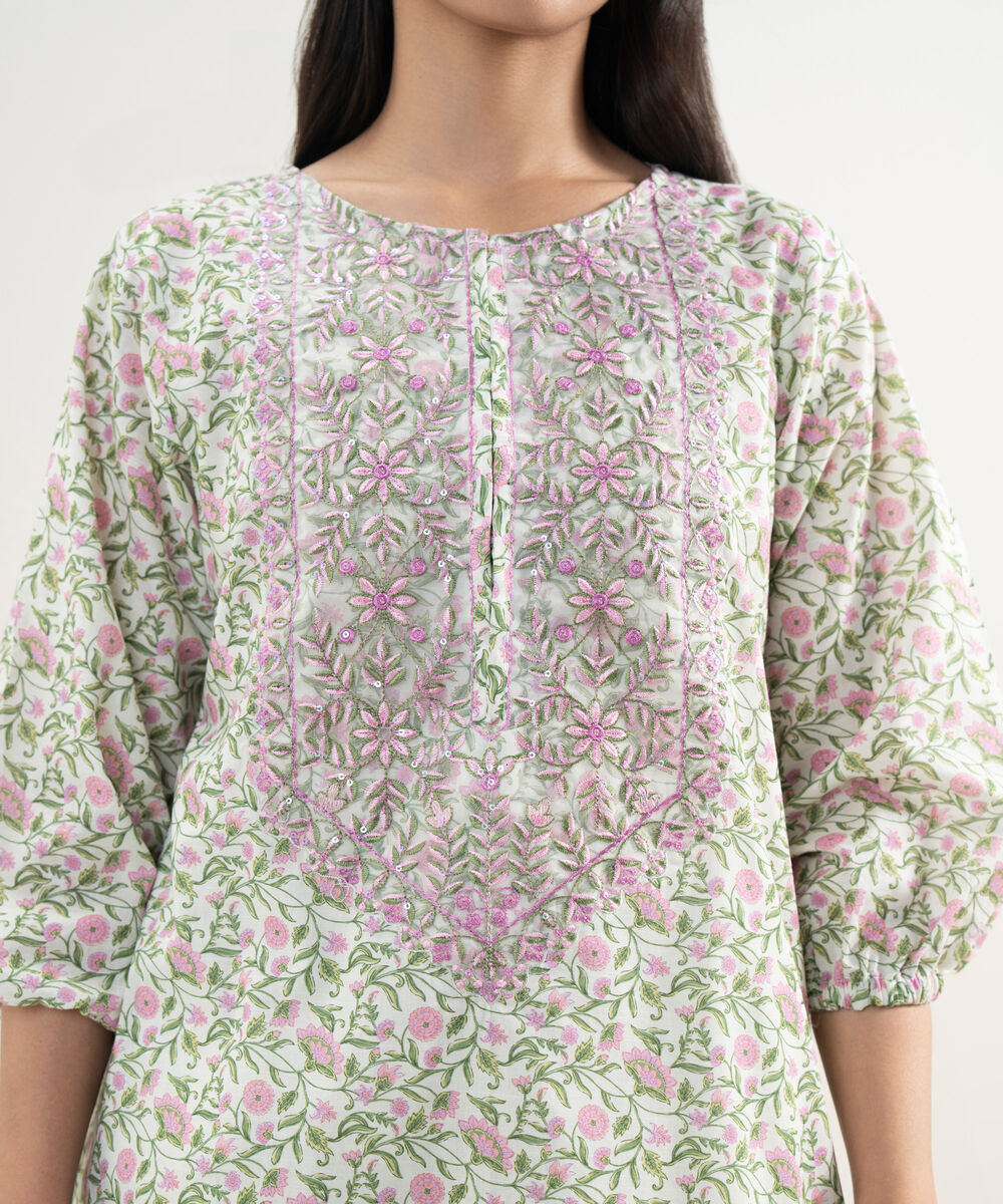 Women's RTW Slub Lawn Embroidered Mint Green Straight Shirt