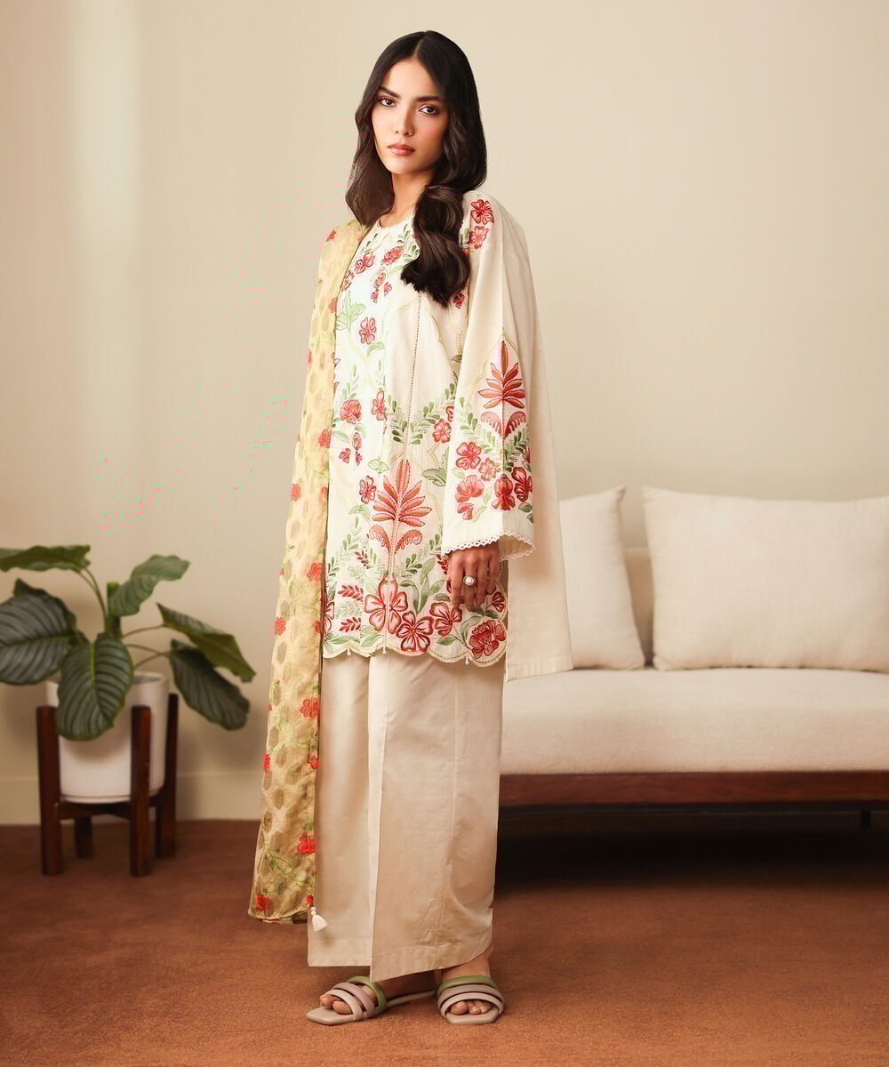 Women's RTW Self Jacquard Solid Beige Flared Pants