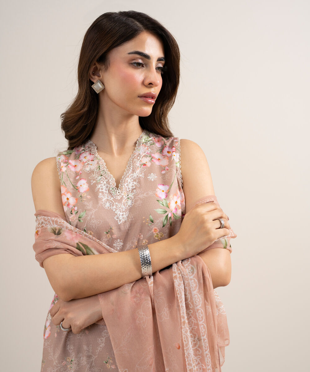 Women's Unstitched Dobby Embroidered Beige 3 Piece Suit