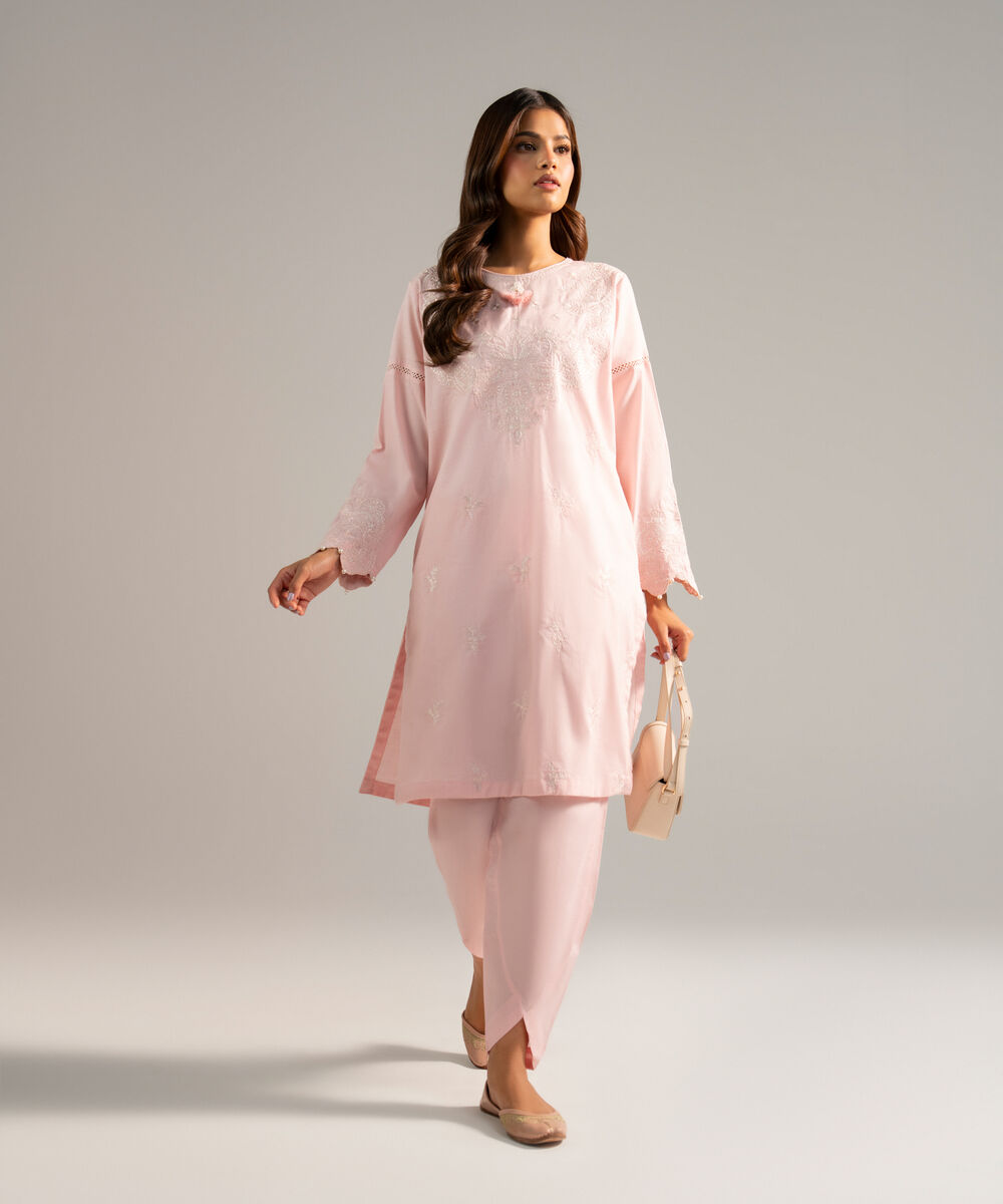 Women's RTW Dobby Embroidered Pink Straight Shirt