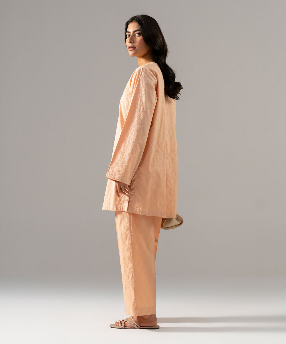 Women's RTW Textured Cotton Solid Peach 2 Piece Suit