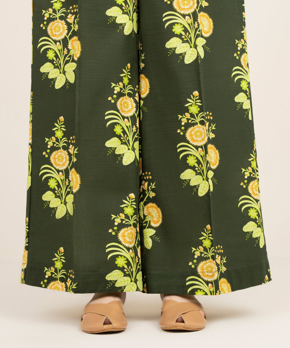 Women's RTW Light Khaddar Green Printed Flared Pants