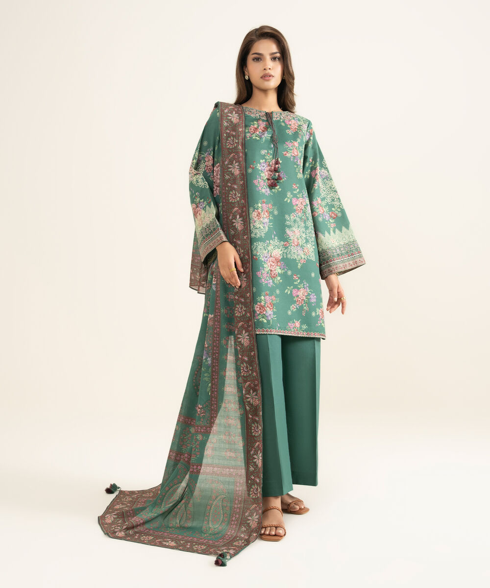 Women's Unstitched Lawn Embroidered Green 3 Piece Suit