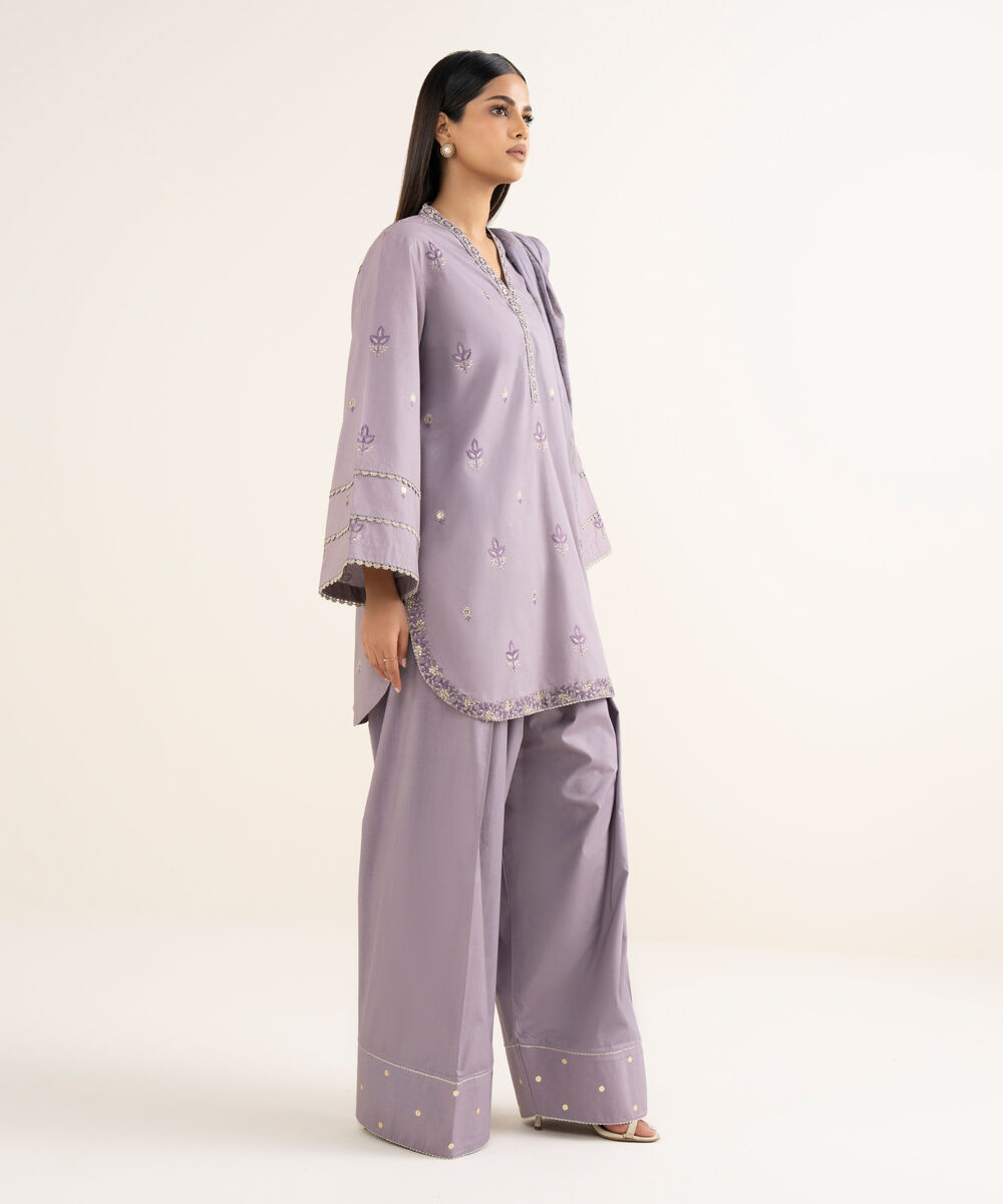 Women's Unstitched Embroidered Cotton Lilac 3 Piece Suit