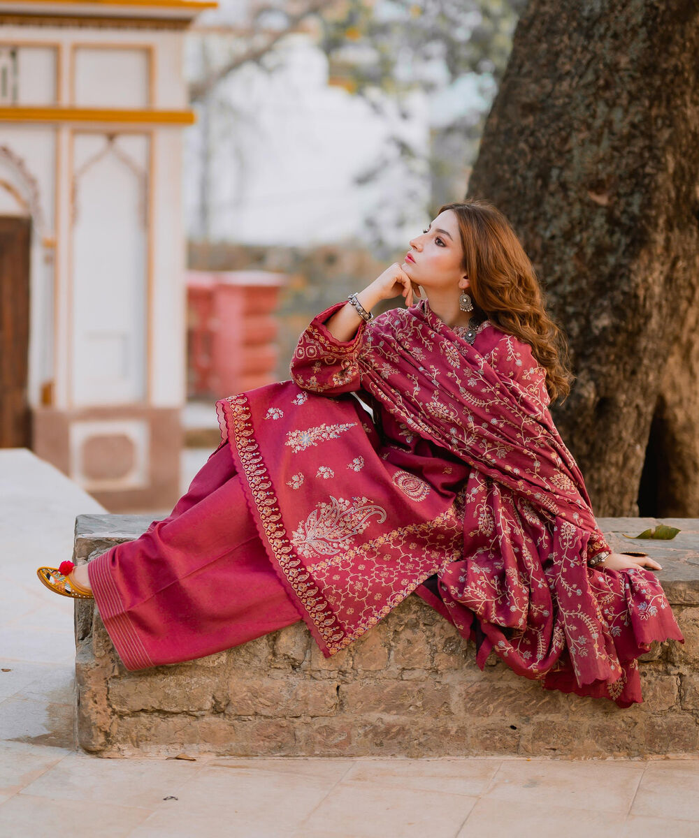 Women's Unstitched Viscose Karandi Embroidered Pink 3 Piece Suit