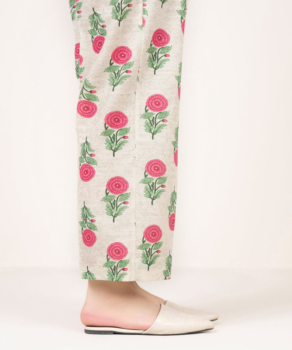 Women's RTW Light Khaddar Printed Off White Straight Pants