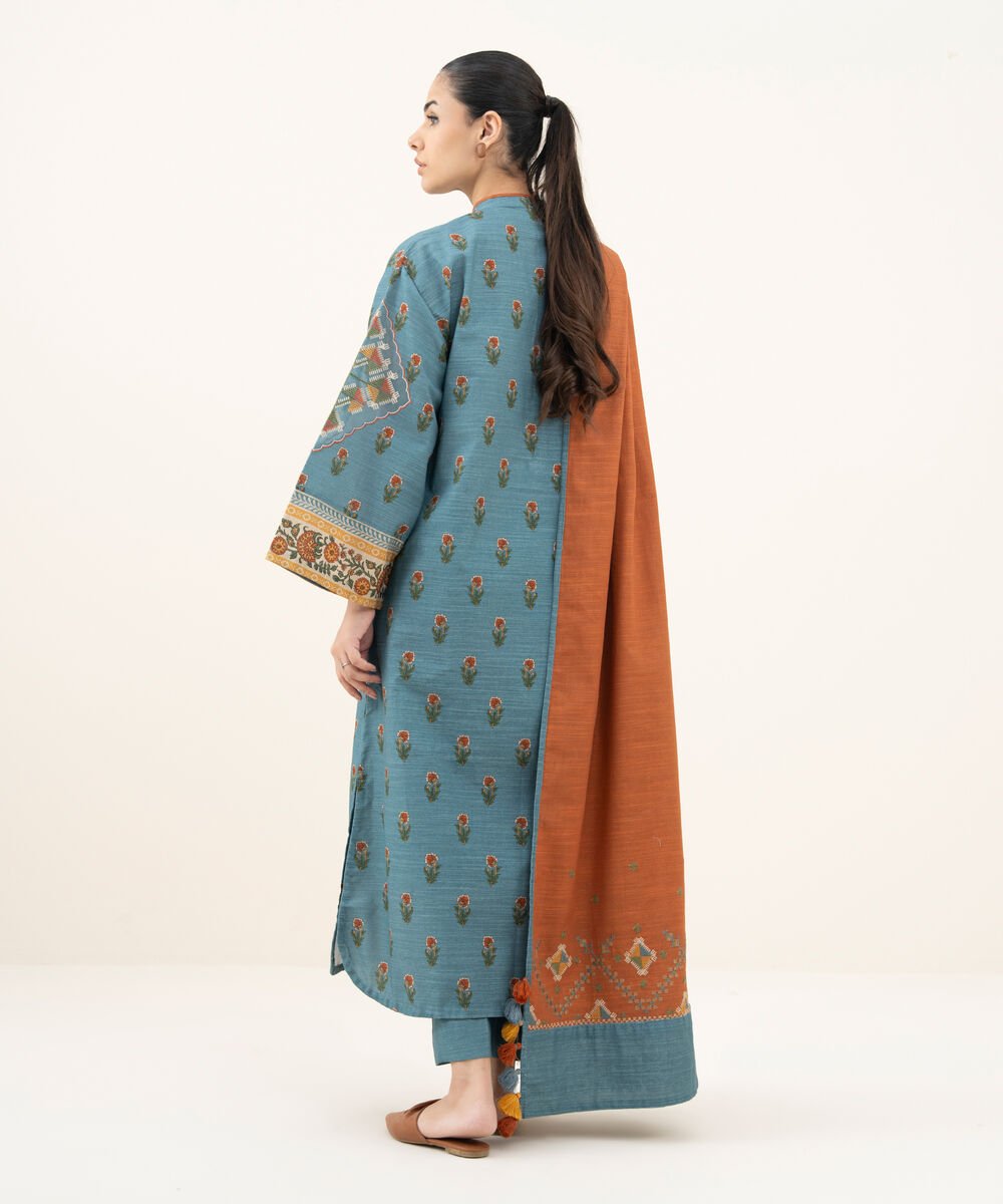 Women's Unstitched Printed Khaddar Blue 3 Piece Suit