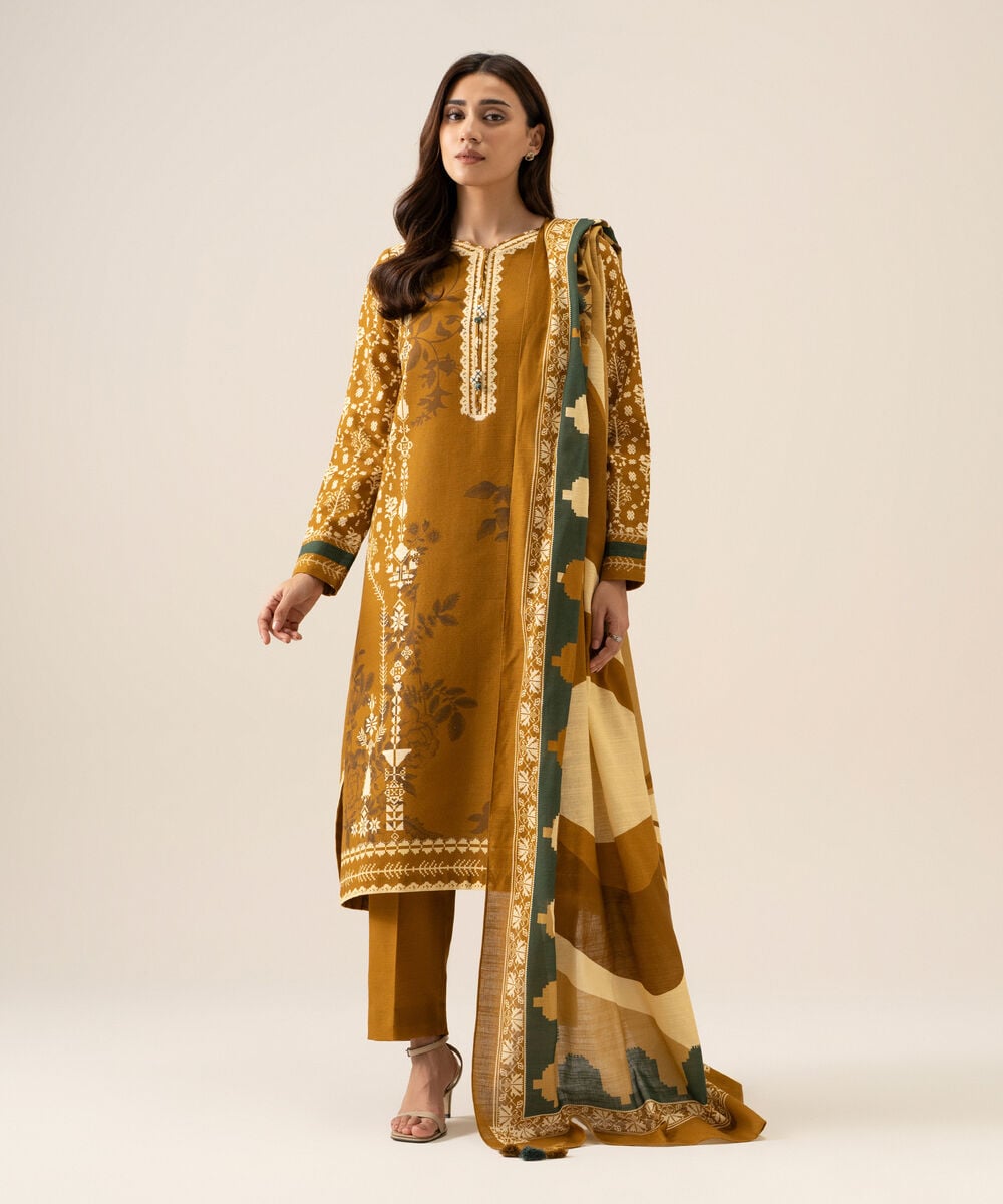 Women's Unstitched Light Khaddar Printed Mustard 3 Piece Suit