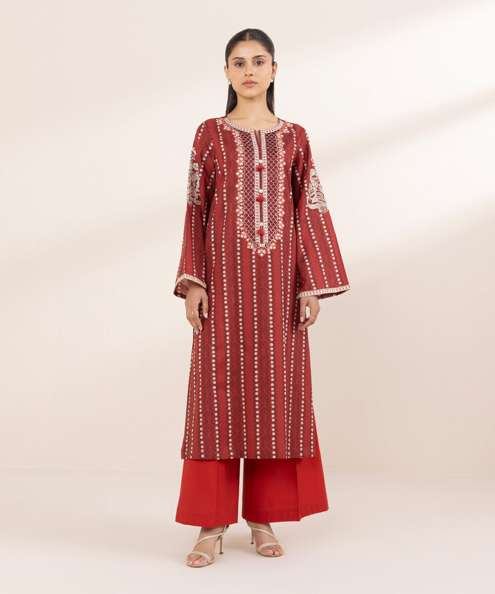 Women's RTW Lawn Red Embroidered A-Line Shirt