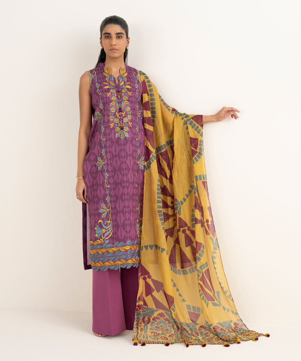 Women's Unstitched Lawn Embroidered Purple 3 Piece Suit