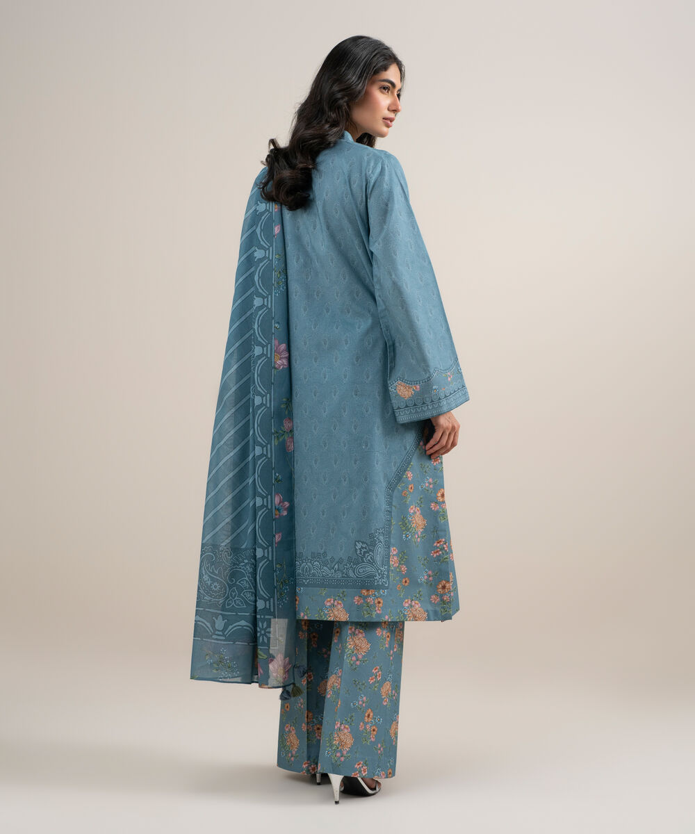 Women's Unstitched Lawn Embroidered Gray Blue 3 Piece Suit