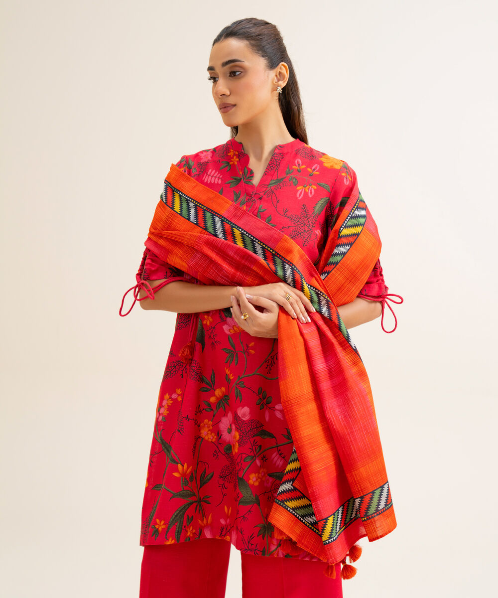 Women's Unstitched Premium Khaddar Printed Pink 3 Piece Suit