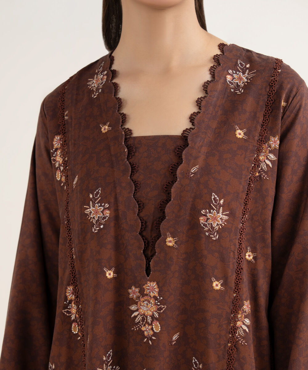 Women's Unstitched Embroidered Twill Brown 3 Piece Suit