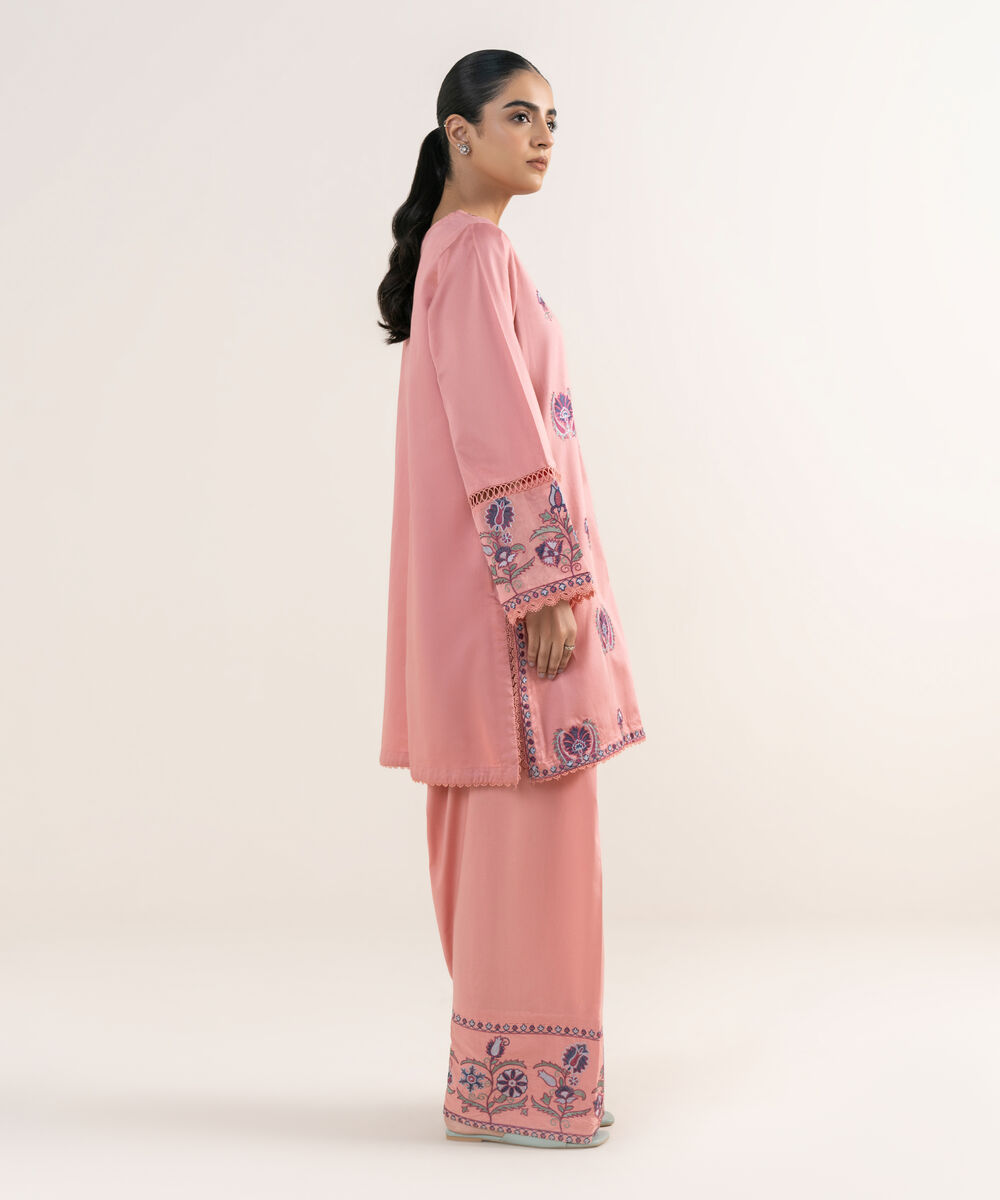 Women's RTW Cotton Satin Pink Embroidered A-Line Shirt