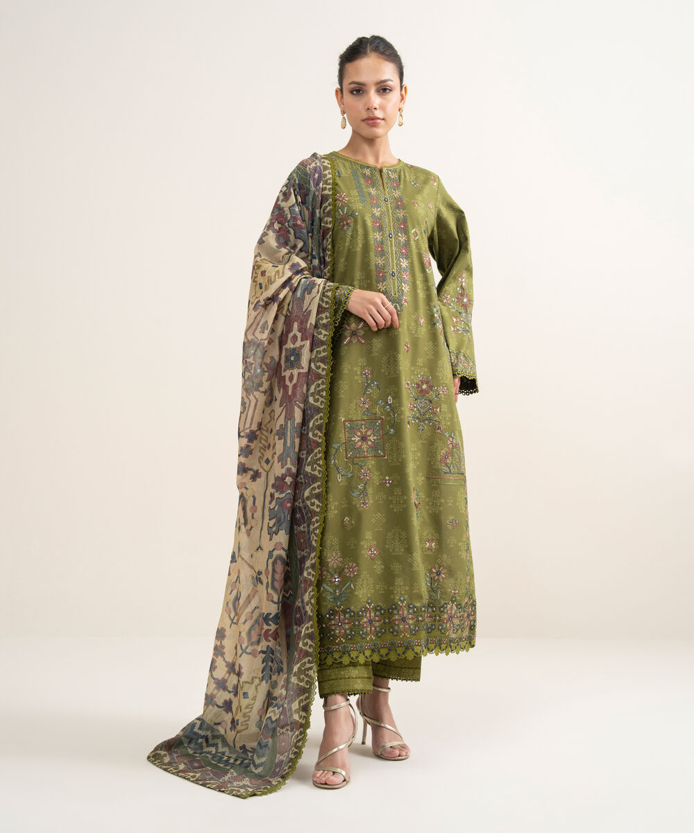 Women's Unstitched Lawn Embroidered Olive Green 3 Piece Suit