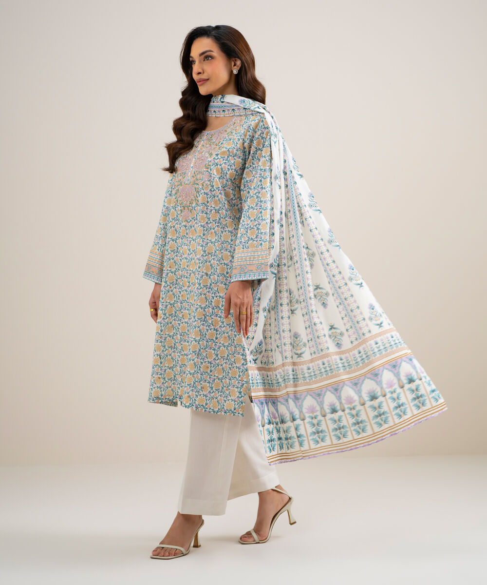 Women's Unstitched Lawn Embroidered Lime Yellow and Light Green 3 Piece Suit