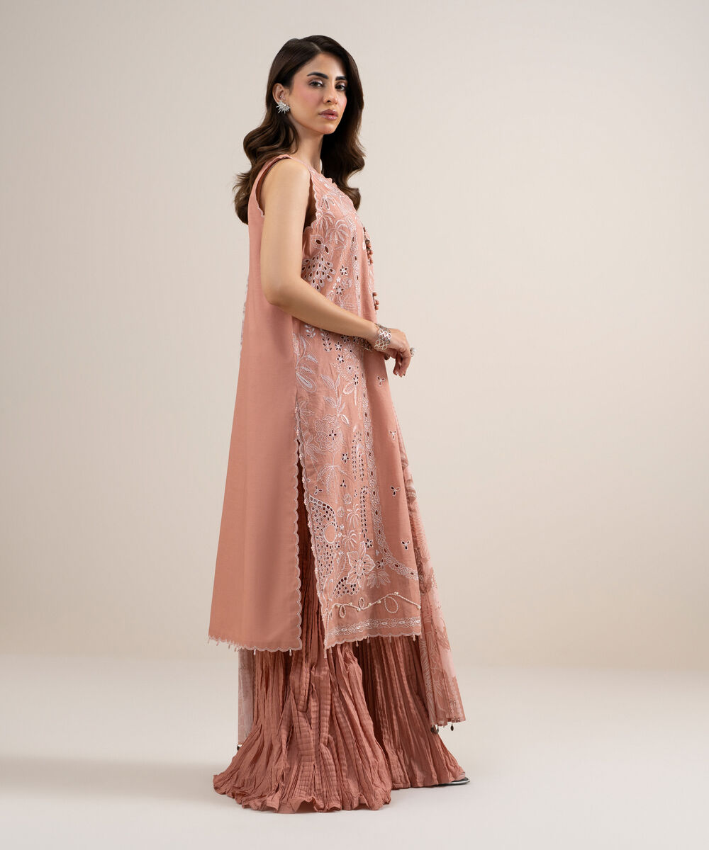 Women's Unstitched Textured Lawn Embroidered Pink 3 Piece Suit
