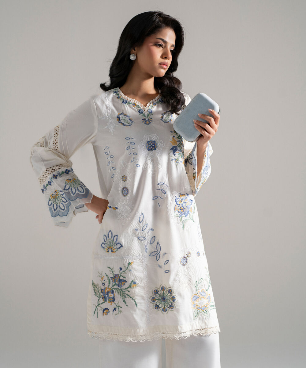 Women's RTW Lawn Embroidered Off White 2 Piece Suit