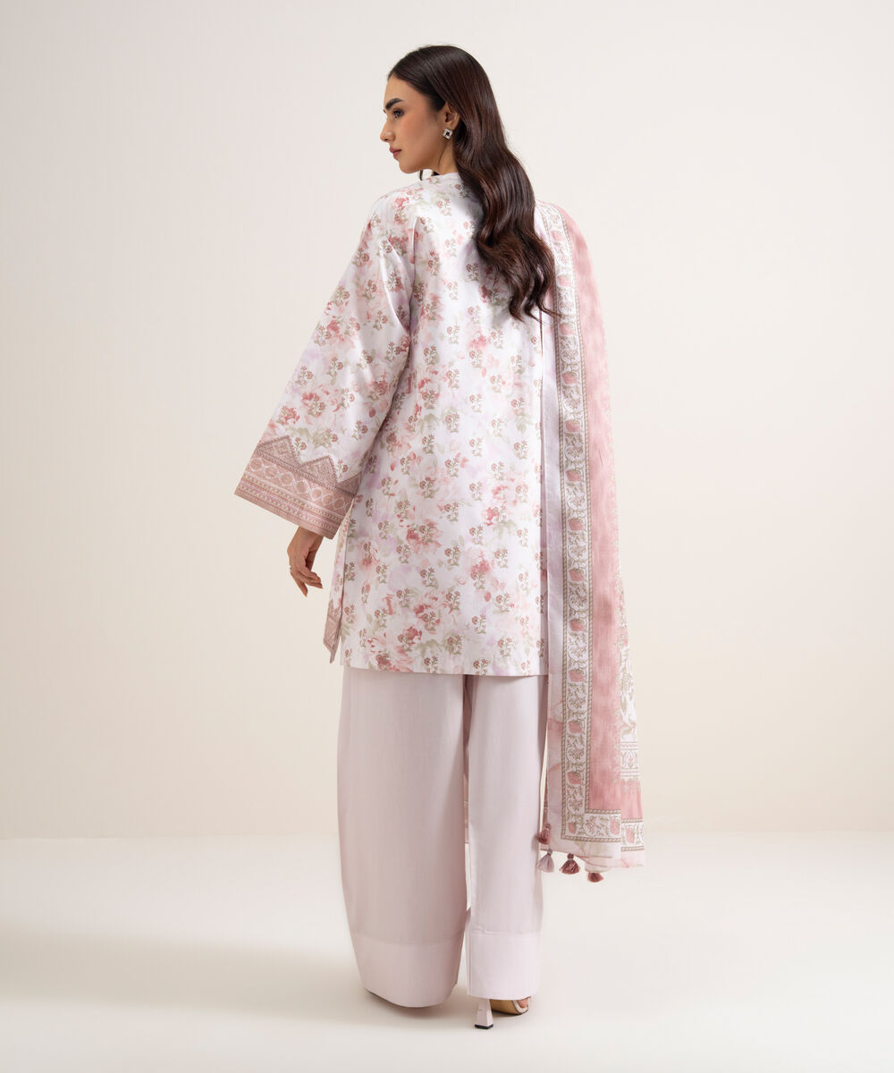 Women's Unstitched Lawn Embroidered Off White and Blue 3 Piece Suit