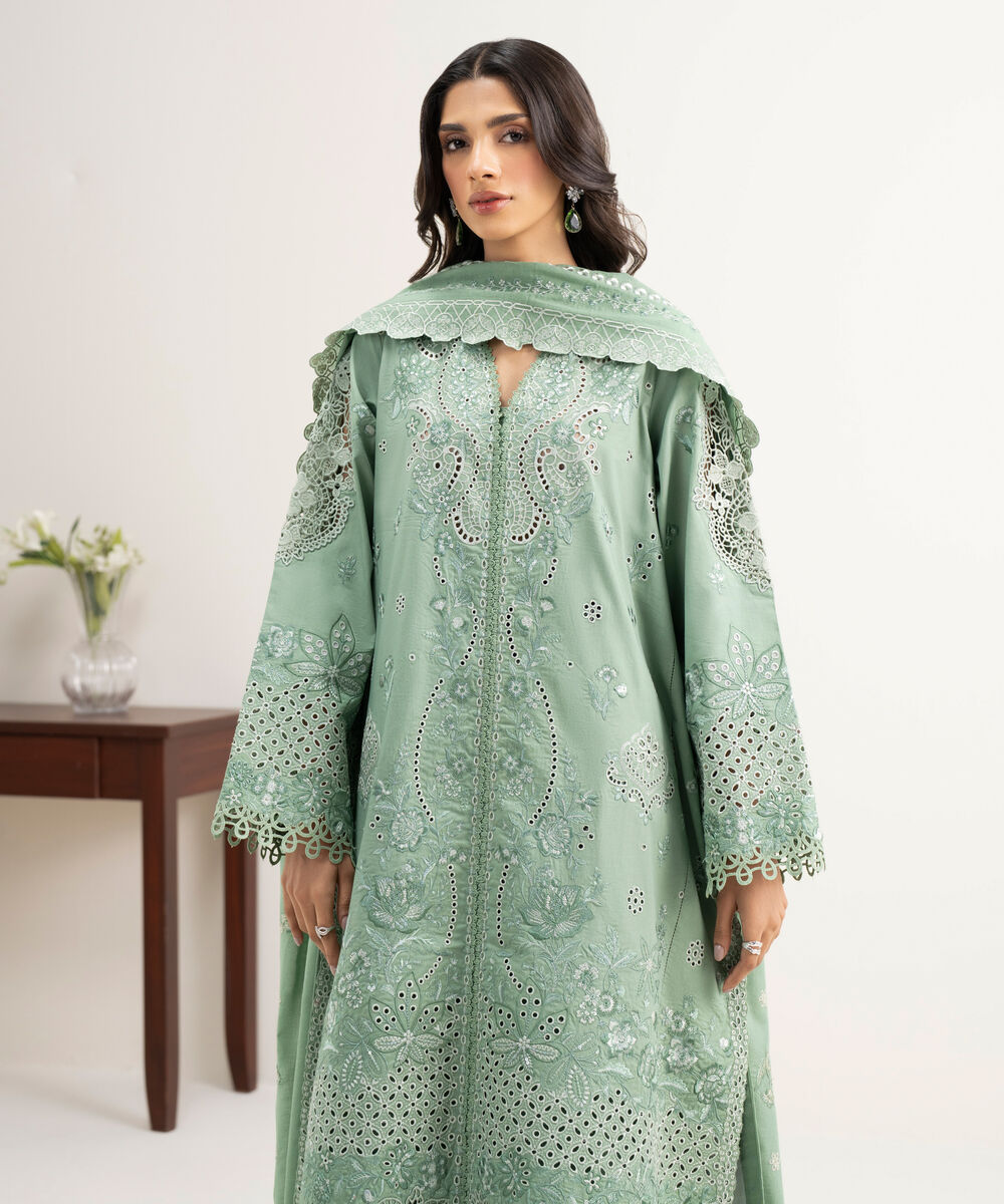 Women's Unstitched Lawn Embroidered Green 3 Piece Suit