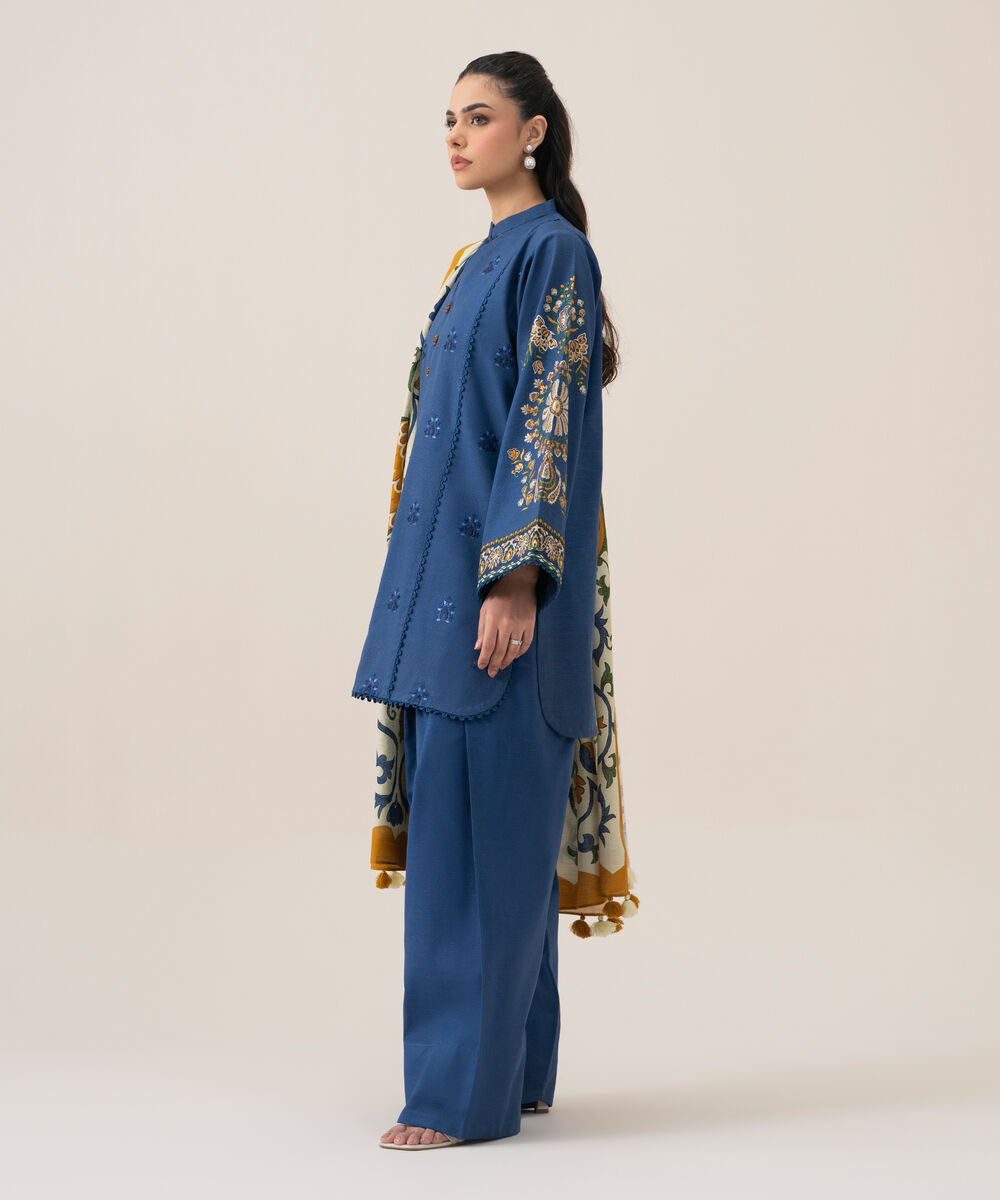 Women's Unstitched Basic Khaddar Embroidered Blue 3 Piece Suit