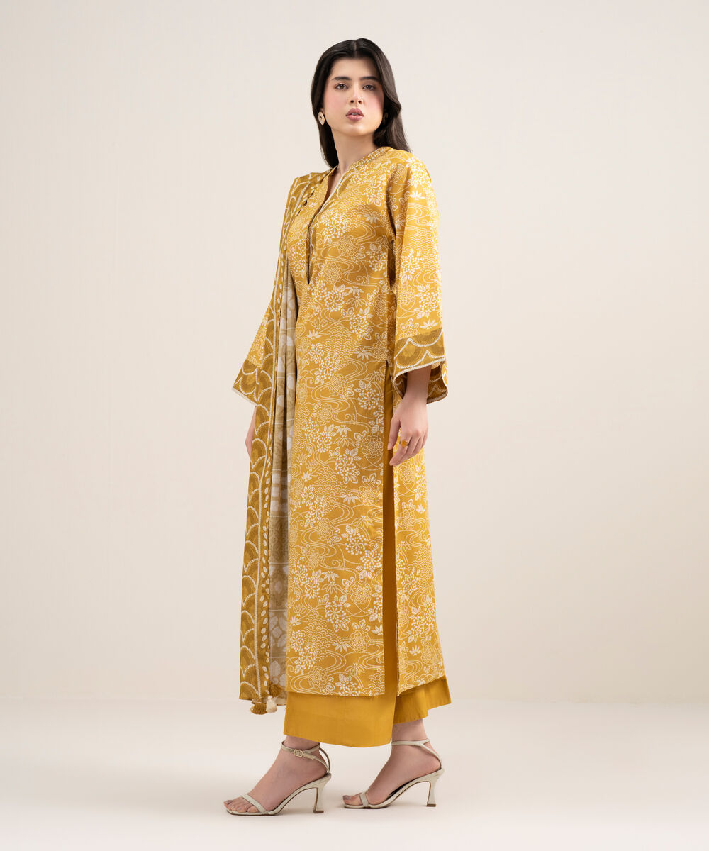 Women's Unstitched Lawn Printed Yellow 3 Piece Suit
