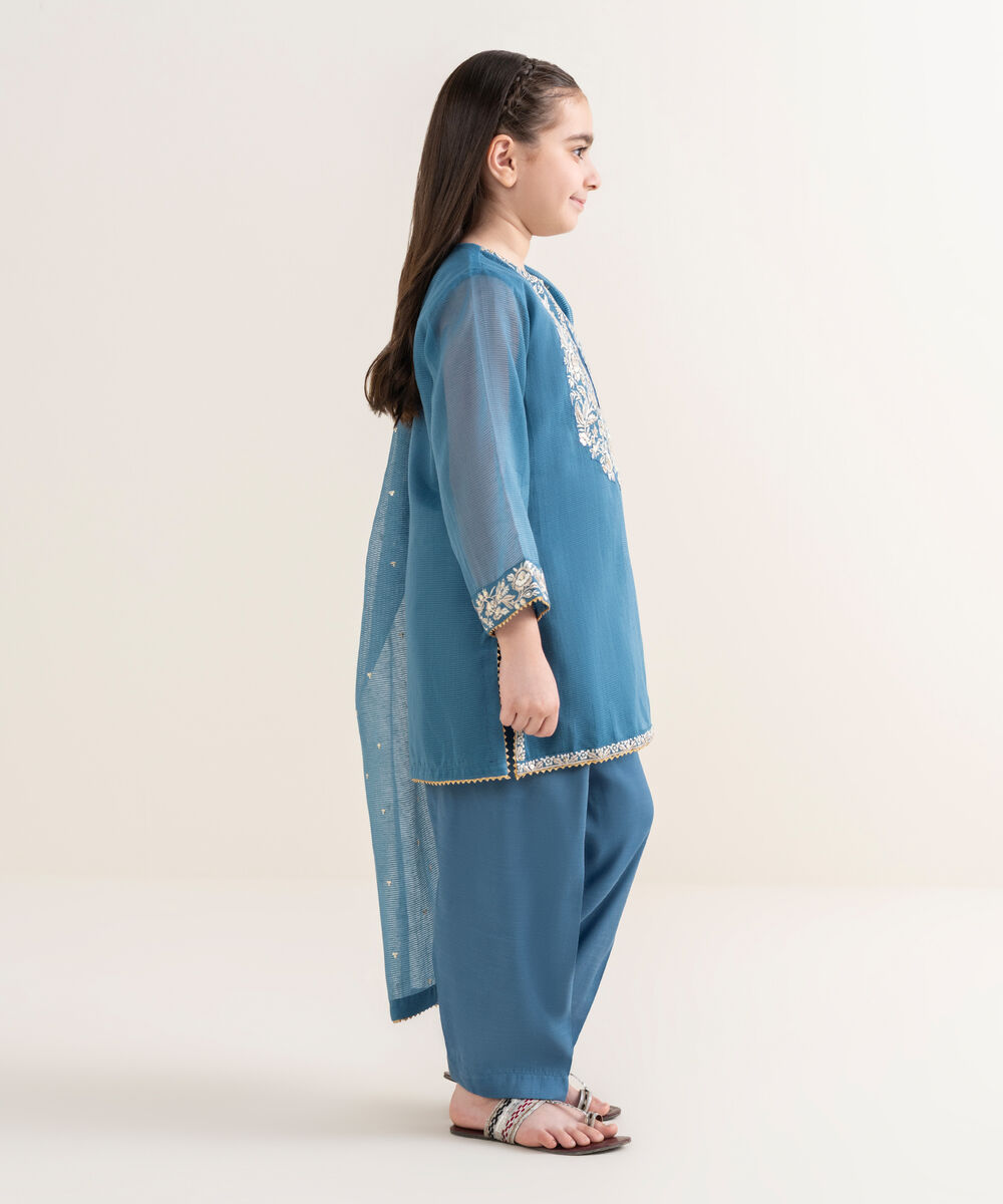 Girl's Blended Textured Karandi Embroidered Blue Three Piece Suit