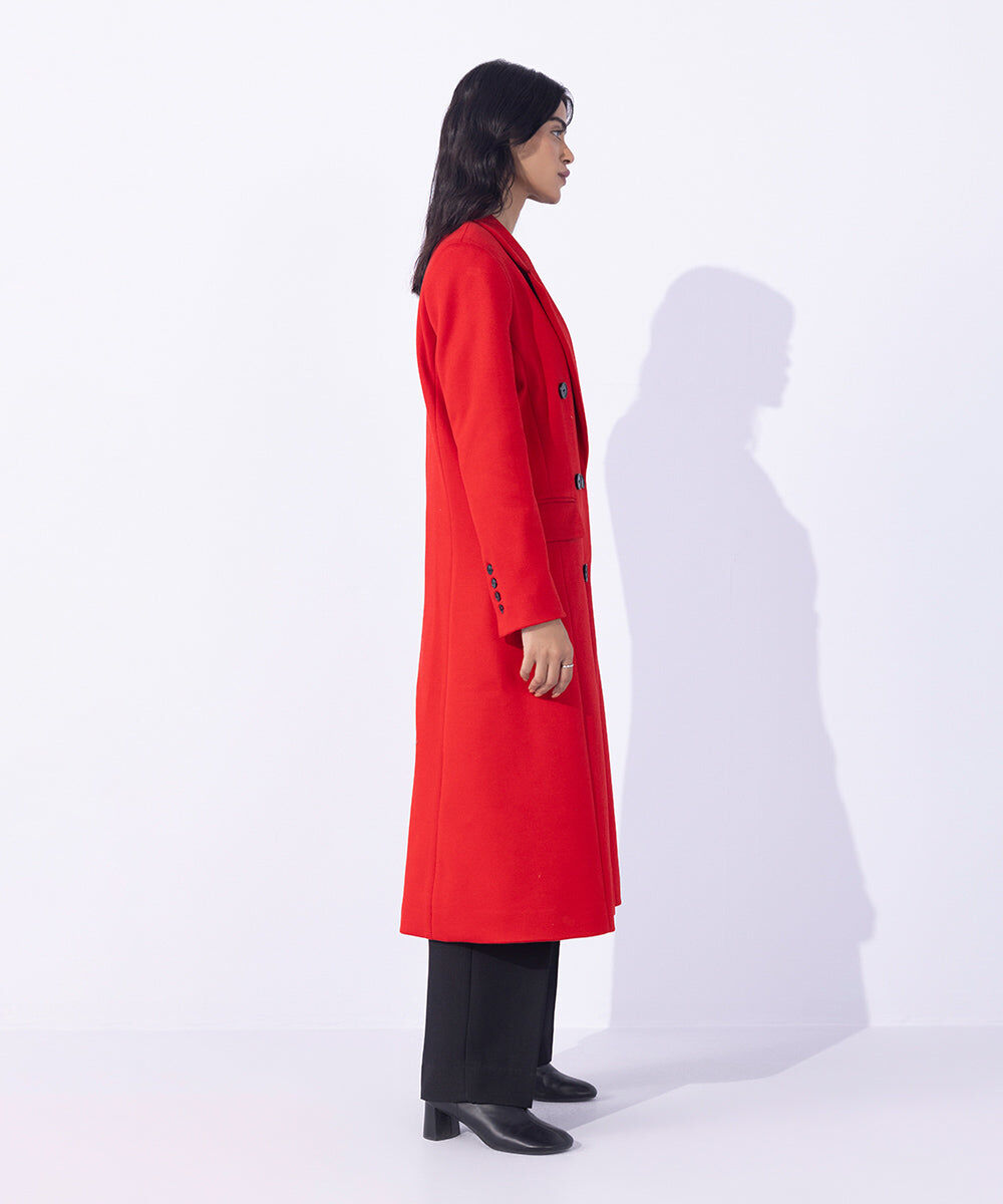 Woman - Red Double Breasted Long Coat