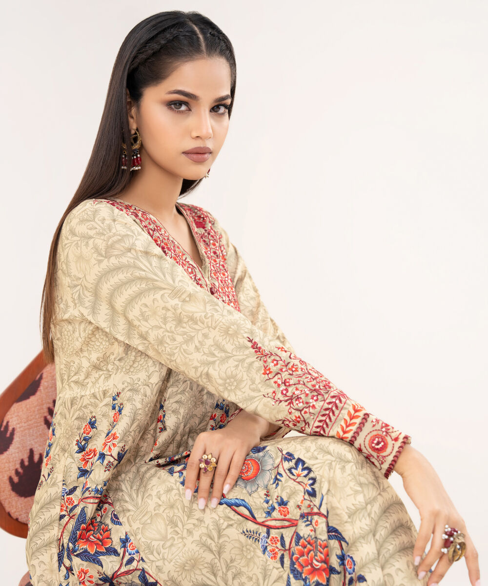 Women's RTW Lawn Viscose Beige Embroidered Pishwas