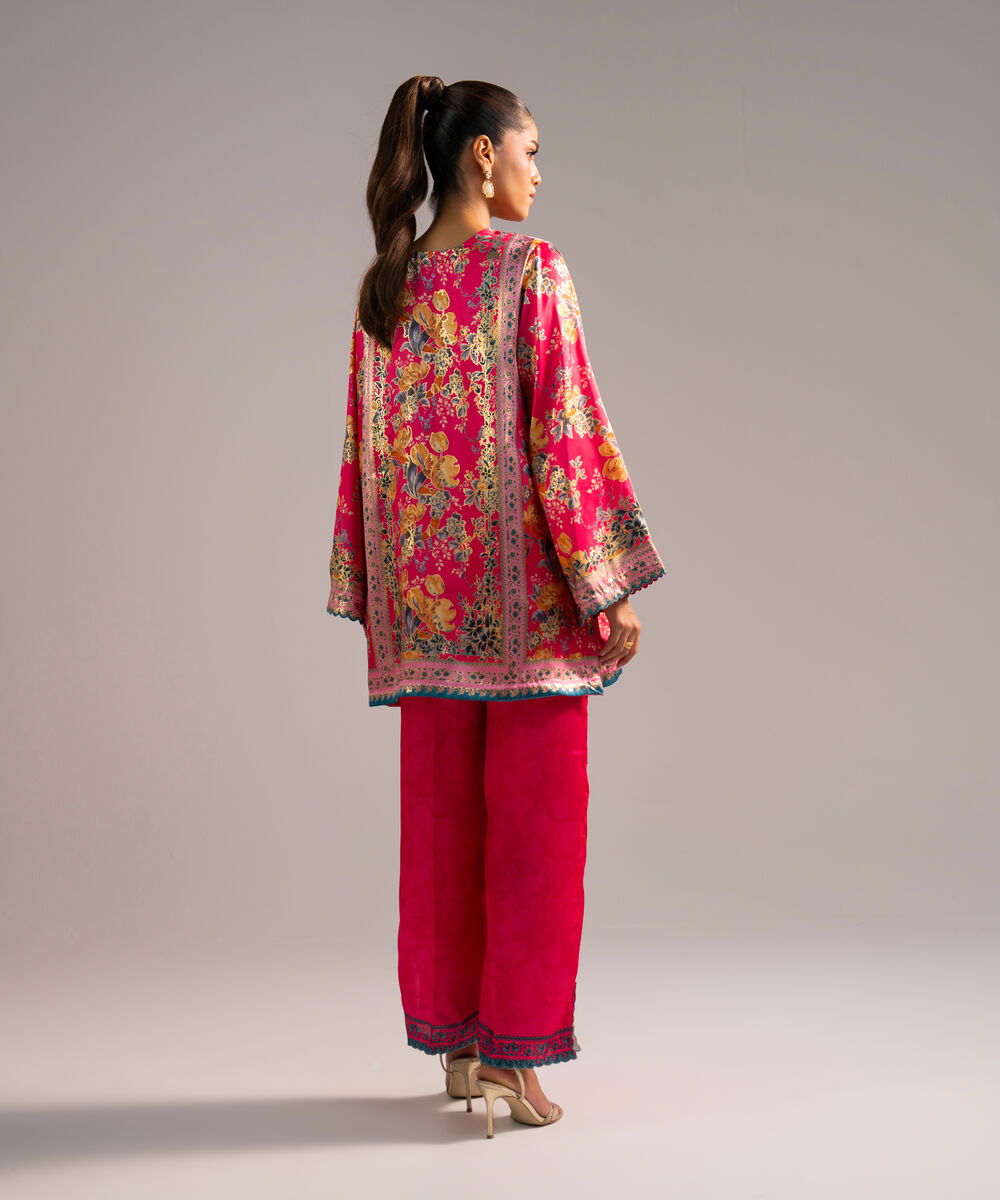 Women's RTW Blended Satin Printed Pink 2 Piece Suit