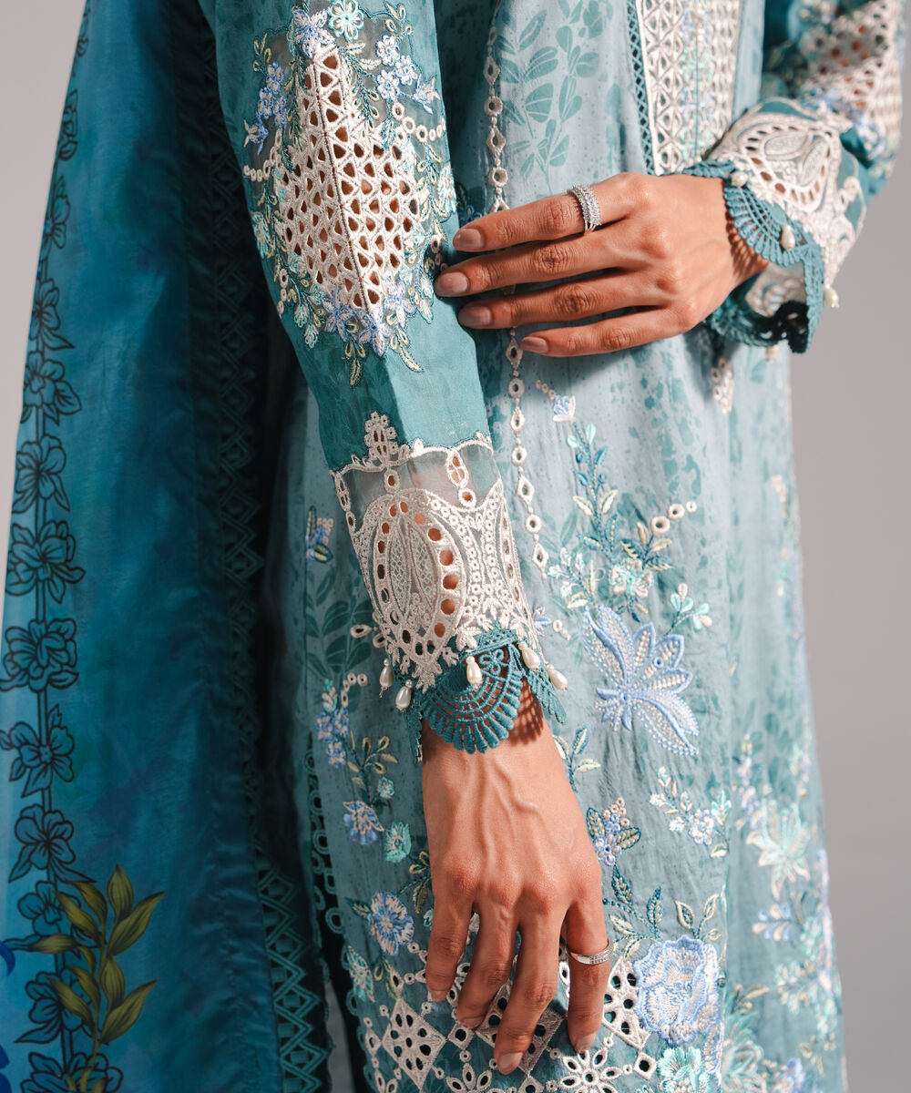 Women's RTW Self Jacquard Embroidered Blue 3 Piece Suit
