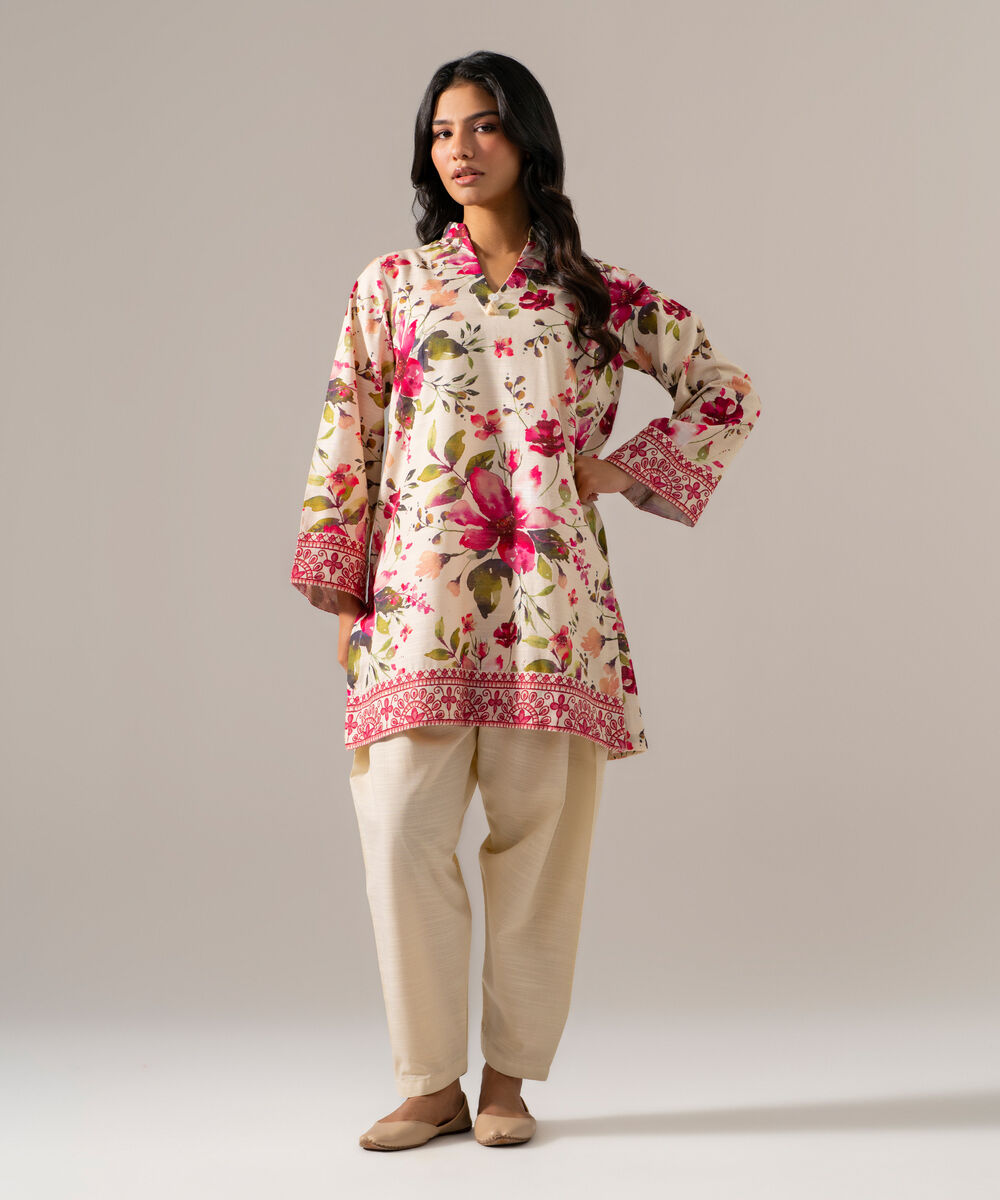Women's RTW Khaddar Printed Off White Straight Shirt