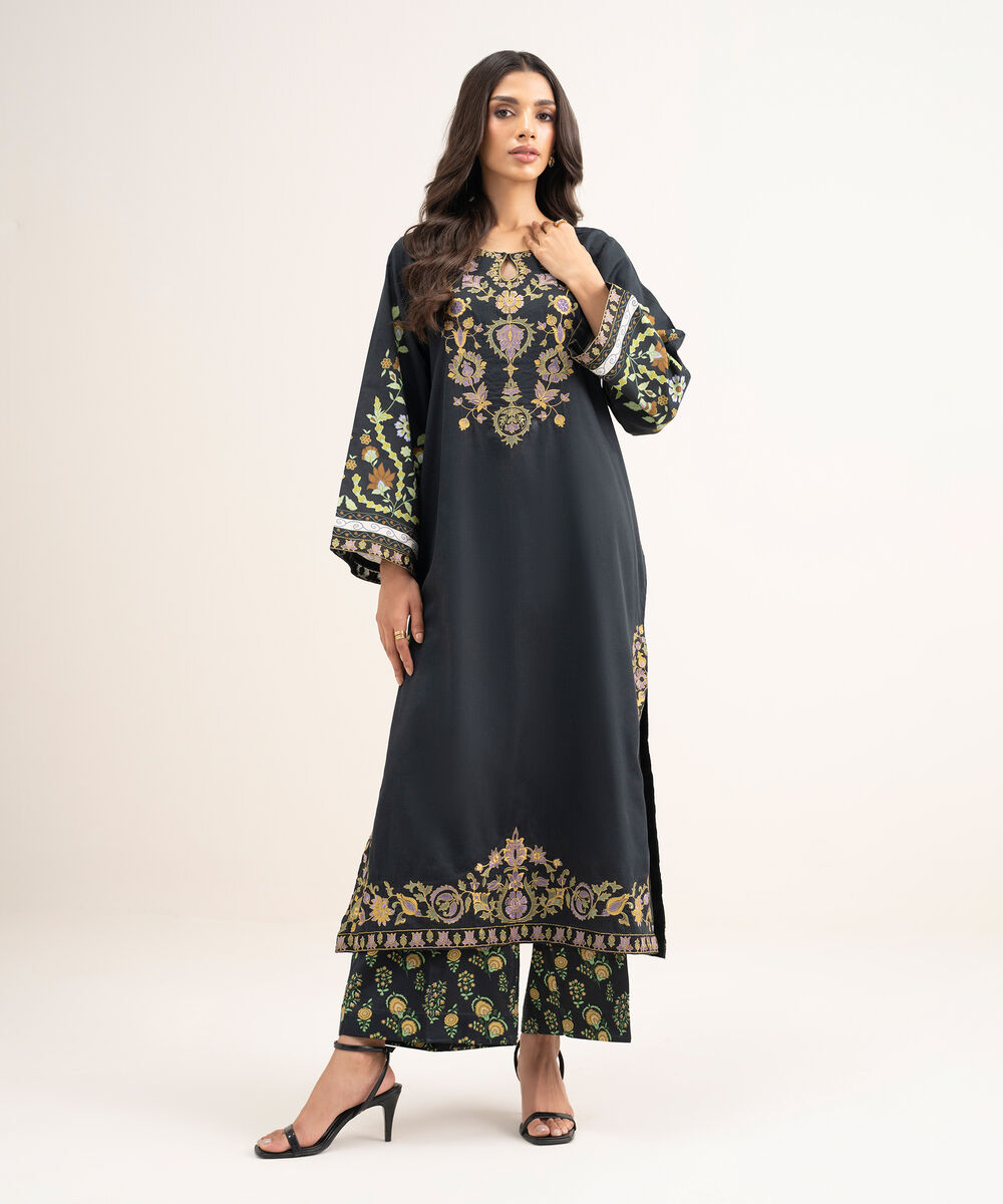 Women's RTW Cotton Satin Embroidered Black A-Line Shirt