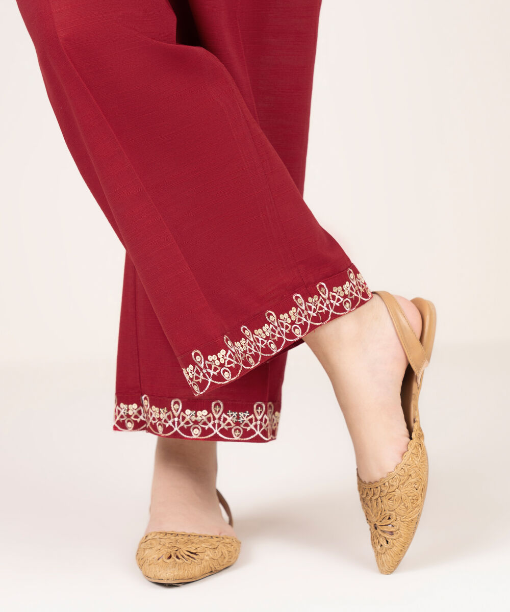 Women's RTW Khaddar Embroidered Red Culottes