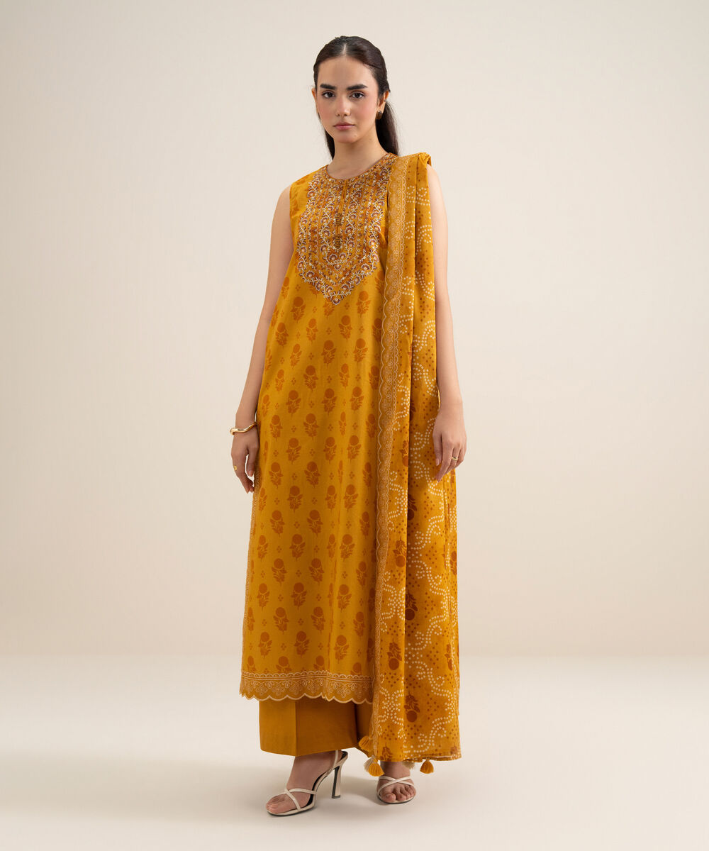 Women's Unstitched Lawn Embroidered Yellow 3 Piece Suit