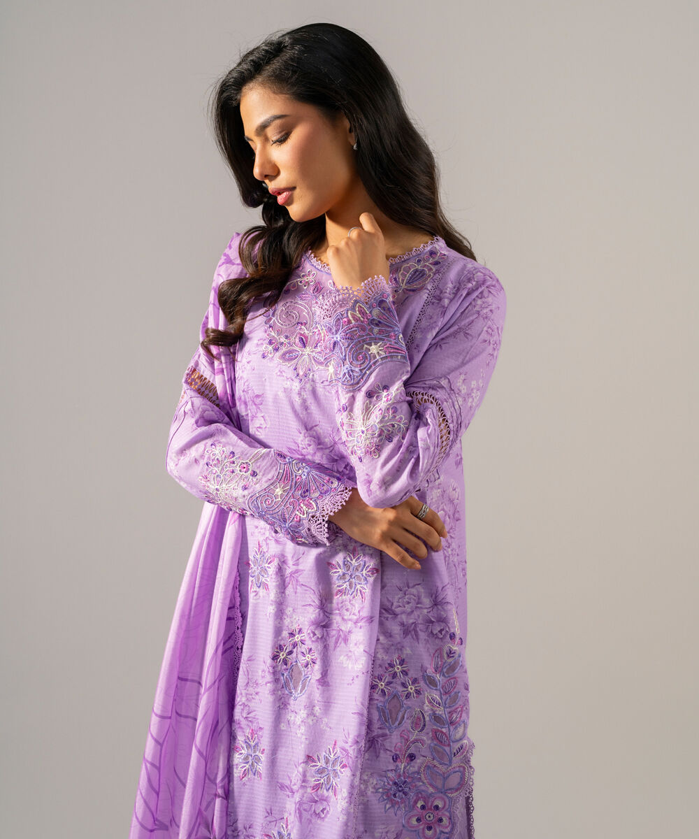 Women's RTW Dobby Printed Embroidered Lilac 3 Piece Suit
