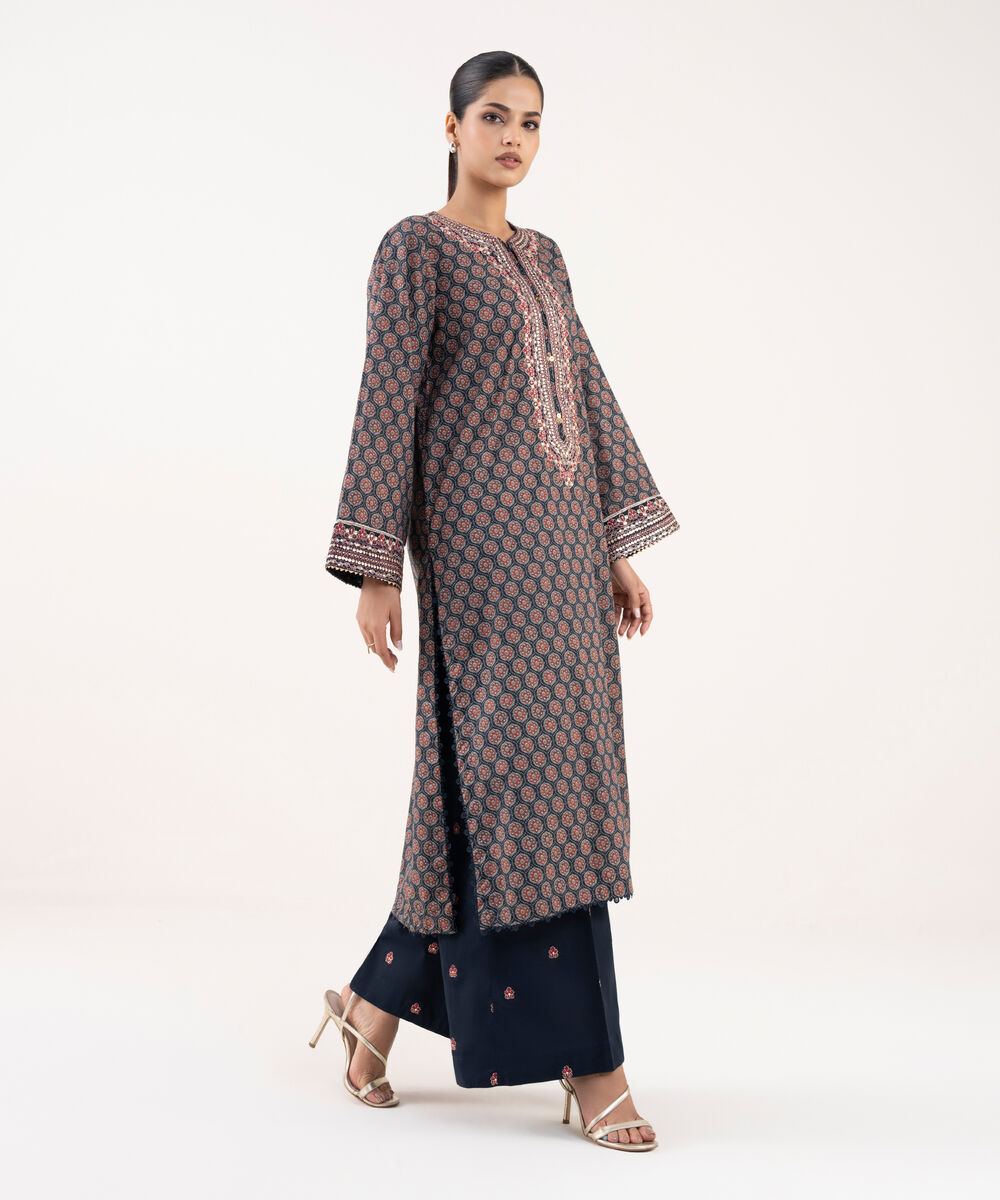 Women's RTW Textured Lawn Blue Embroidered A-Line Shirt