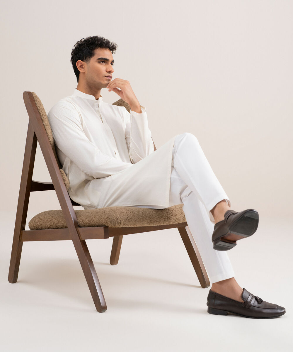Men's Stitched Cotton Jacquard Off White Kurta