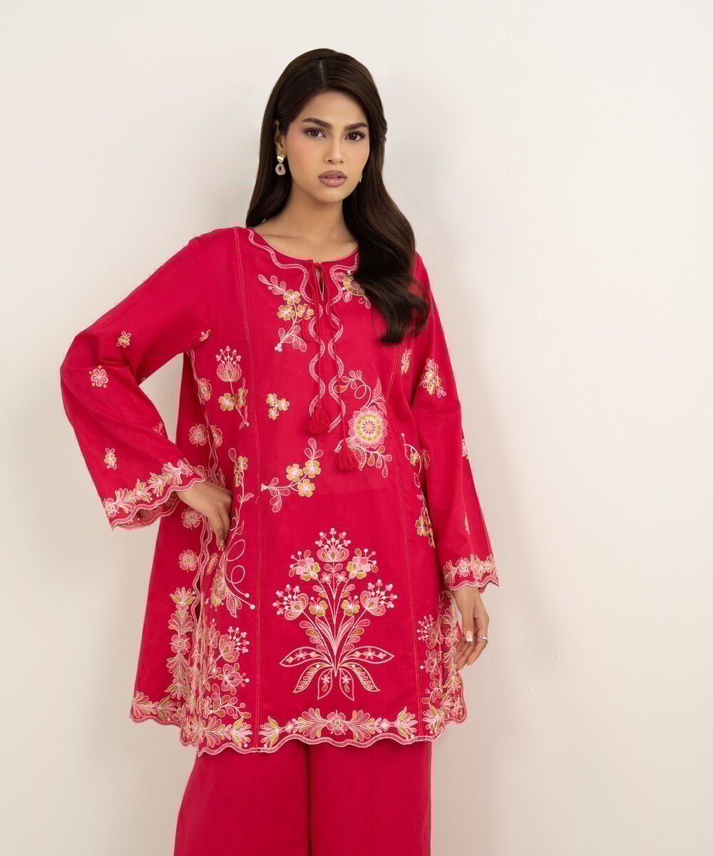 Women's RTW Self Jacquard Embroidered Pink Straight Shirt