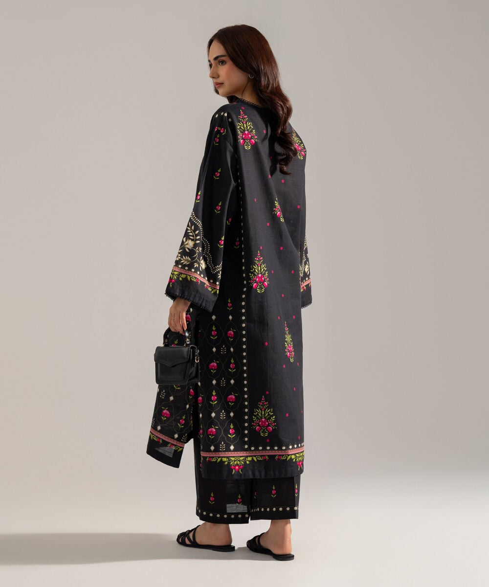Women's RTW Printed Black Khaddar A-Line Shirt