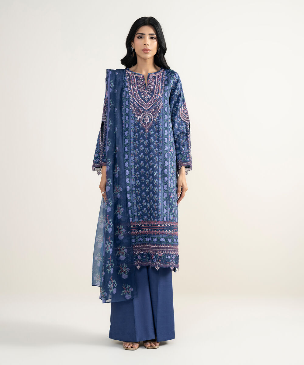 Women's Unstitched Blended Grip Silk Embroidered Blue 3 Piece Suit