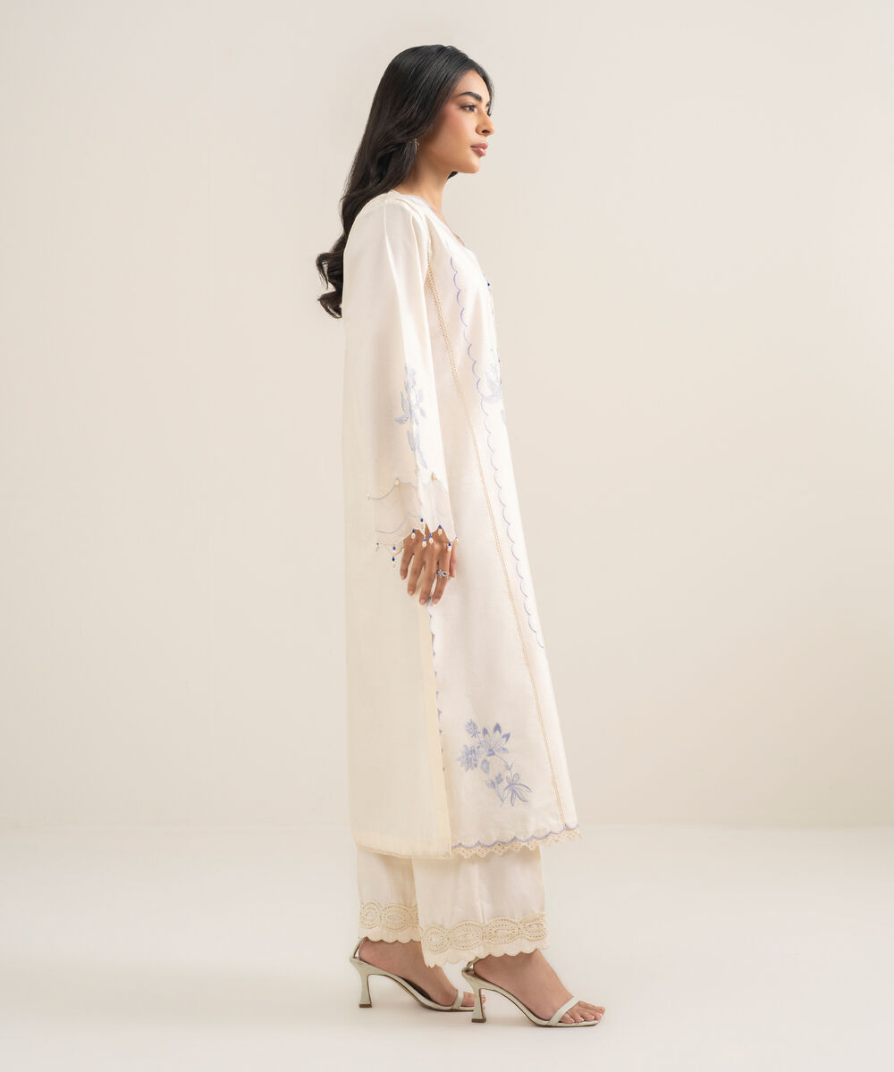 Women's RTW Silk Cotton Net Embroidered Off White 2 Piece Suit