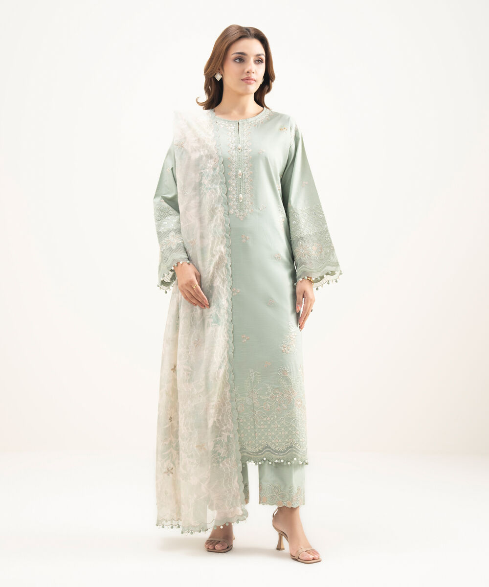 Women's Unstitched Cotton Embroidered Green 3 Piece Suit