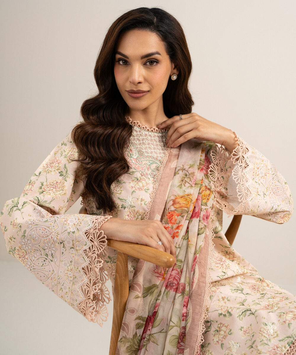 Women's Unstitched Lawn Embroidered Beige