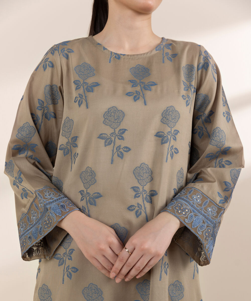 Women's RTW Extra Weft Jacquard Beige Solid A-Line Shirt