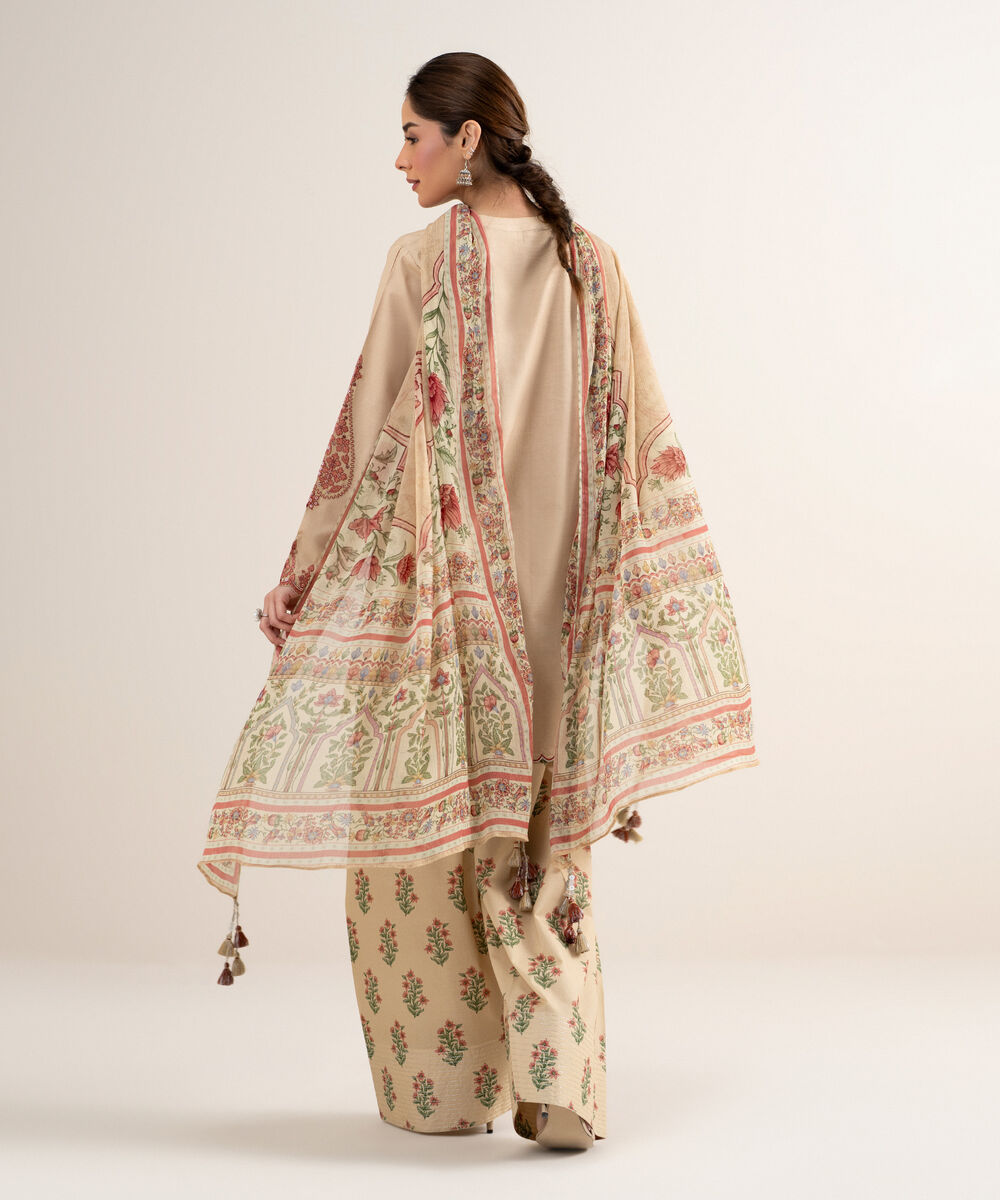 Women's Unstitched Textured Lawn Embroidered Beige 3 Piece Suit