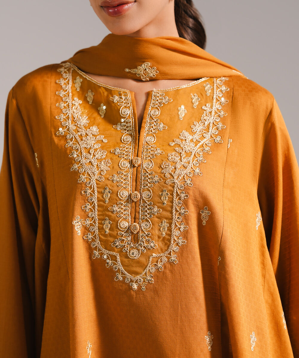Women's RTW Dobby Embroidered Mustard Yellow 3 Piece Suit